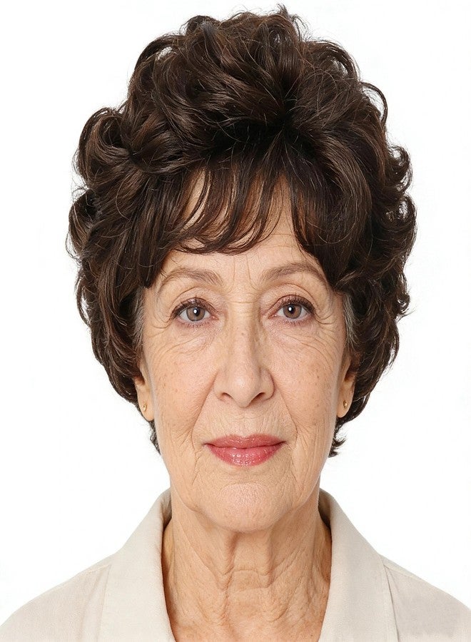 GNIMEGIL Short Dark Brown Curly Wigs with Fuffly Bangs for Women Synthetic Hair Wavy Cosplay Wigs for Daily Party Use(Dark Brown) - Image 4